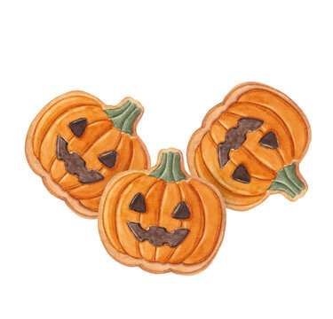 Three Jack-o'-Lantern Pumpkins Watercolor Cookies, Halloween dessert
