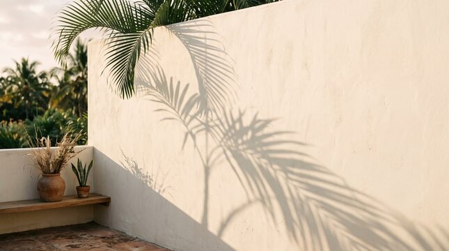 Elegant Palm Leaf Shadow on a Warm Ivory Wall with Minimalist Natural Lighting