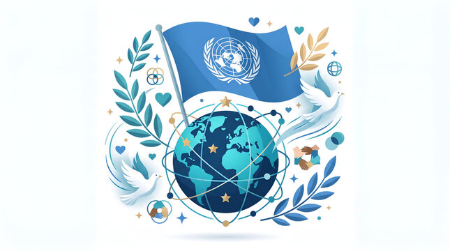 United nations day illustration with globe flag and peace doves