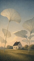 Naklejka premium Dreamlike rural wallpaper with giant leaves and a small house for mobile phone