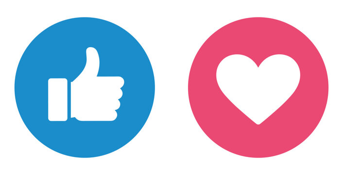 Isolated social media button icons featuring a white thumbsup and a white heart on circular backgrounds