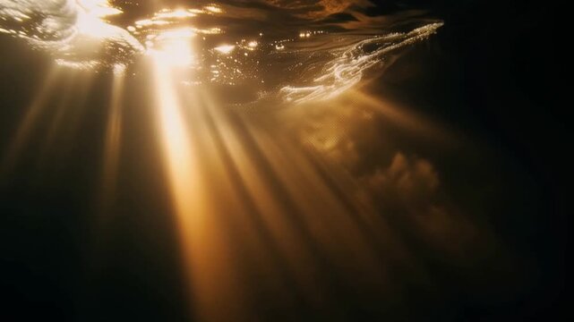 Sunlight streams through dark water, illuminating the ocean depths with ethereal golden rays. ..Created with Generative AI, not depicting real subjects.