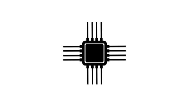 Animated microchip processor icon expanding pins, digital hardware concept, tech component semiconductor