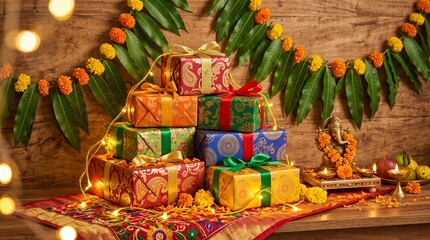 Fototapeta premium Festive Pancha Ganapati display with colorful gift boxes, glowing fairy lights, and mango leaf toran decorations representing Hindu religious celebration.