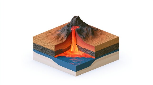Isometric 3D cutaway model of erupting volcano with glowing lava flow, magma conduit and layered Earth crust cross-section, plate tectonics and subduction zone geology education illustration