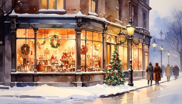 Snowy Victorian corner shop at dusk with festive Christmas window displays