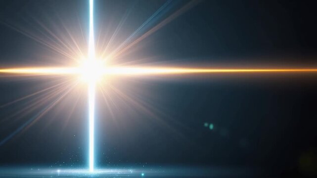 A brilliant lens flare with blue and golden light beams emanates from a central point, casting ethereal rays against a dark. ..Created with Generative AI, not depicting real subjects.