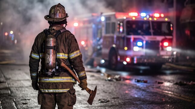 Brave firefighter responding to a night emergency