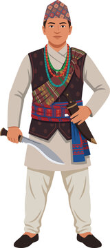 Traditional Nepalese man wearing authentic cultural ethnic Daura Suruwal dress and Dhaka Topi cap holding a sharp Khukuri knife standing proudly to represent strong Gurkha heritage.
