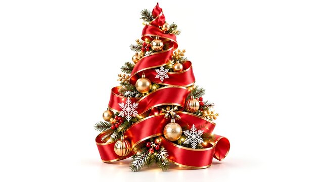 Ribbon Wrapped Christmas Tree Centerpiece with Red and Gold Holiday Decorations