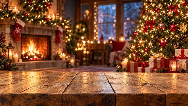 Rustic Christmas Living Room with Fireplace, Decorated Tree and Gift Boxes