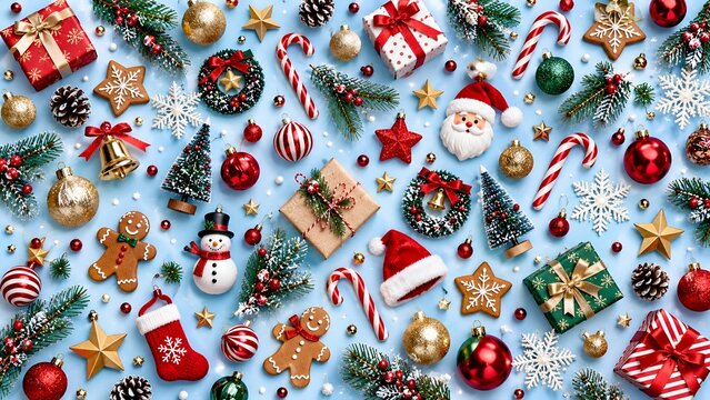 Festive Christmas Flat Lay Pattern with Gifts, Ornaments, Candy Canes and Decorations