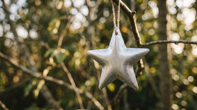 Silver star decoration hanging from tree branch