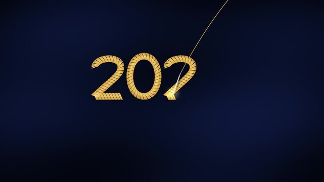 Needle stitches golden thread embroidery 2027 on velvet. Satin stitch sewing craft with gold thread on soft fabric, streamers fall. Happy New Year 2027 greeting animation, festive intro 4K