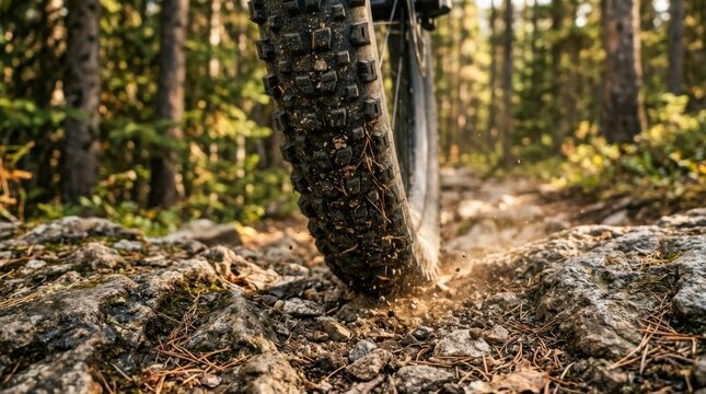 A close-up view of a mountain bike tire gripping a rocky trail in a sun-dappled forest
