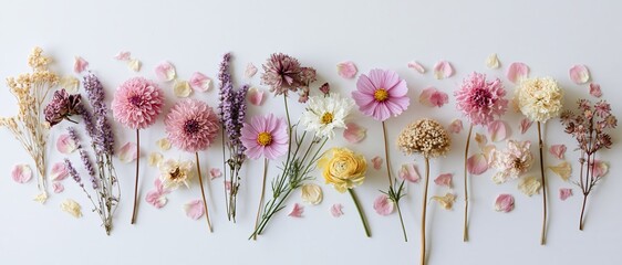 Fototapeta premium Assorted dried and fresh flowers arranged in a loose horizontal line on white background