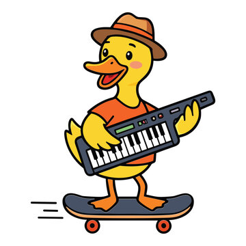 Musical duckling character playing keytar while skateboarding in a vibrant cartoon vector style for youth branding