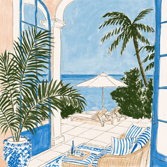 Fototapeta premium Resort balcony patio overlooking the sparkling blue ocean with sun loungers, an umbrella, and a palm tree, creating a relaxing holiday scene