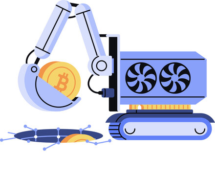 Crypto mining GPU concept, graphics card with robotic excavator arm digging bitcoin, flat style vector illustration