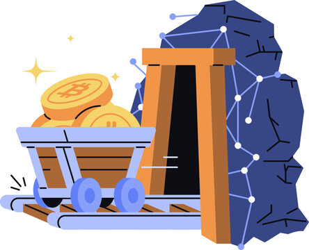 Crypto mining cart full of bitcoin coins at mine entrance with blockchain network rock, flat style vector illustration