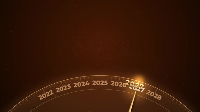 Gold dial needle ticks to 2027. Year change countdown timeline from 2024 to 2027. Sparklers and fountain sparks lift the glowing number. Bronze Happy New Year 2027 greeting animation intro in 4K