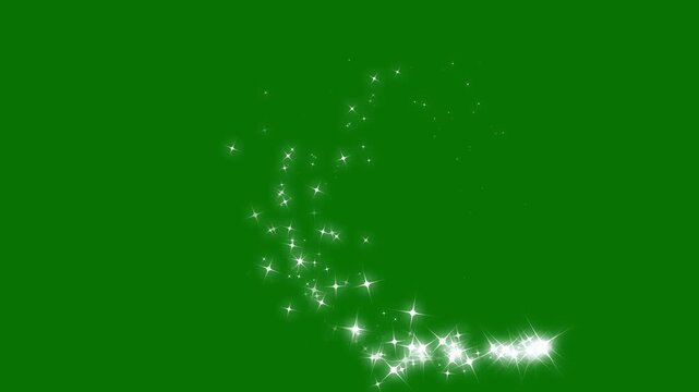 Bright white fairy star trail with glowing glitter particles, magical shimmer dust, twinkling light streaks and smooth fantasy transition on green screen background in 4k