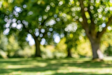 Naklejka premium The Park in Dappled Sunlight Surrounded by Lush Green Trees and Grass
