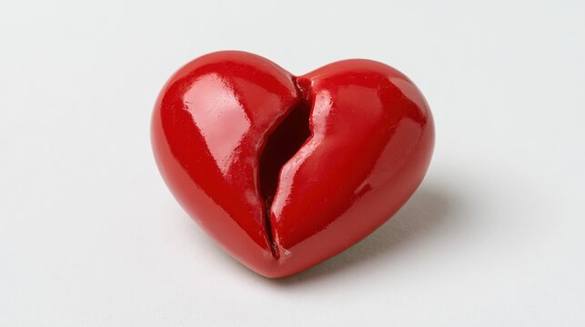 Glossy red ceramic heart split down the middle on white background