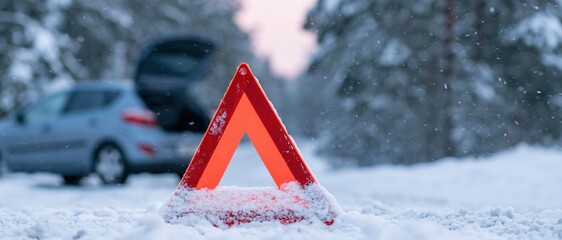 Fototapeta premium Red emergency warning triangle in snow near broken-down car on winter road