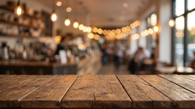 Rustic Wooden Tabletop Surface in Blurred Cafe Interior with Warm Bokeh Lighting for Restaurant Food Product Display or Menu Website Banner Template