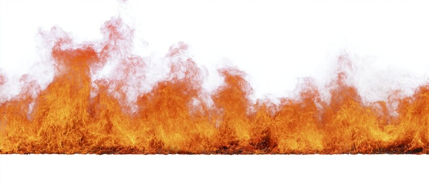 Horizontal band of fire flames burning across the full width on white background