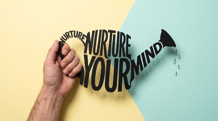 Hand holding cutout watering can spelling nurture your mind © jamal