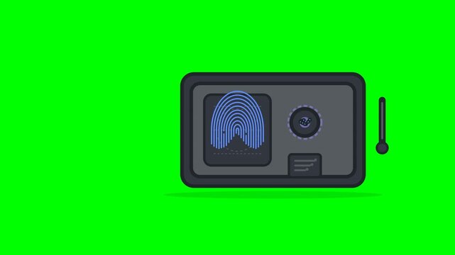 Flat vector motion icon showing a cleanly designed, mathematically precise biometric fingerprint being scanned, converted into biometric feature data, matched against a stored identity profile, and ap