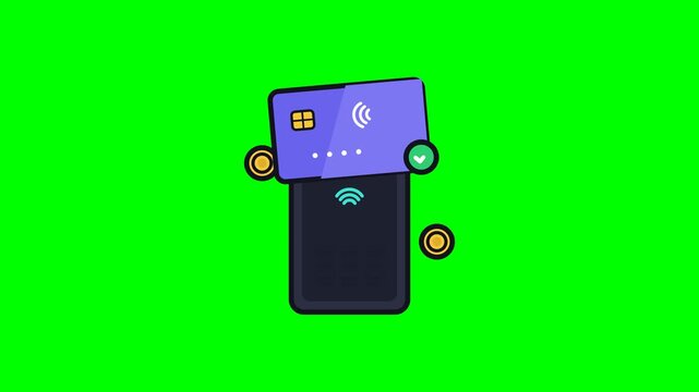 Flat vector motion icon showing a contactless payment card approaching a vertical POS terminal from above, activating concentric NFC wave rings and receiving a checkmark confirmation with floating coi