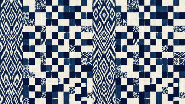 Seamless indigo patchwork pattern design featuring ikat diamonds and checkerboard squares in Japanese textile style for decor.
