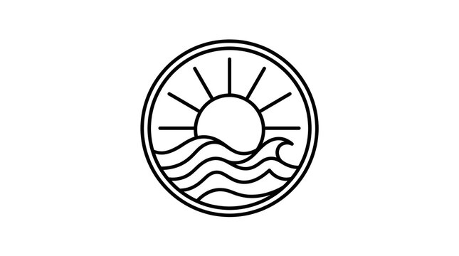 Minimalist monoline badge logo design of a rising sun over ocean waves in a circle