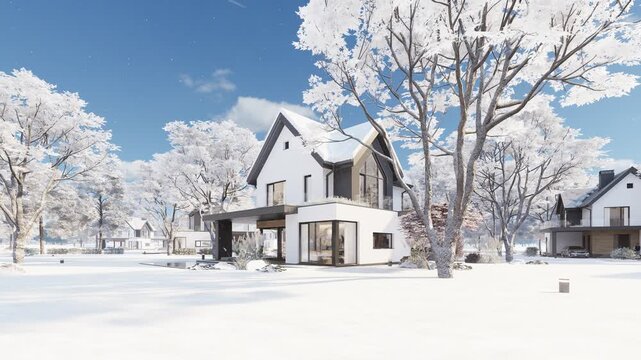 4K orbit shot of a modern suburban house in winter. The contemporary white home features a dark pitched roof, wooden deck, swimming pool, and snowy landscape under a sunny blue sky.