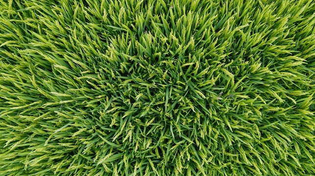 Aerial top-down view of a dense green rice paddy field
