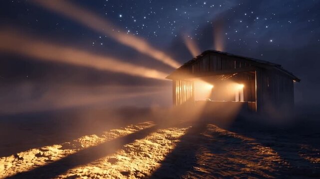 Mysterious wooden shed bathed in eerie orange light beams emanating from within, creating dramatic shadows across a foggy, starlit night. ..Created with Generative AI, not depicting real subjects.