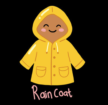 Cute yellow raincoat character with a happy face and Rain Coat text vector illustration isolated on black background. Rainy day apparel clipart.