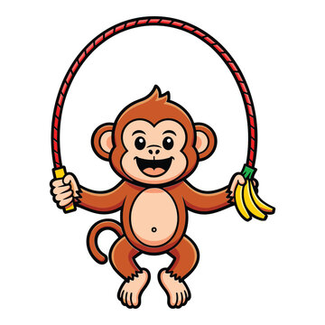 Active monkey skipping rope holding bananas in a playful cartoon vector illustration for childrens healthy lifestyle branding