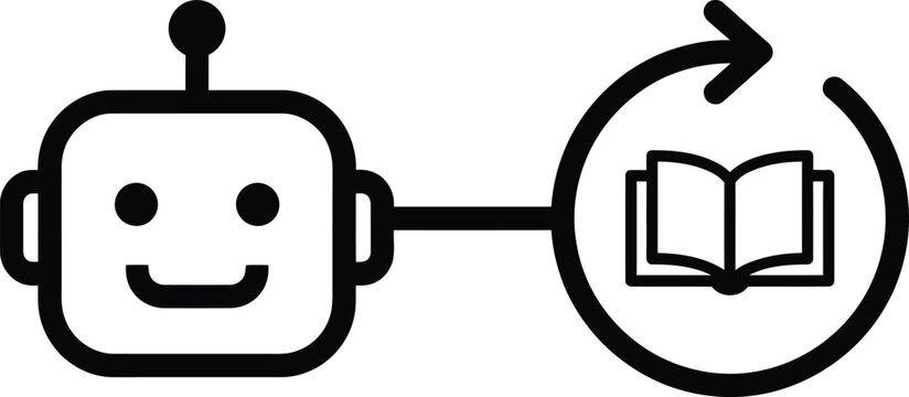 Robot head icon linked to an open book symbol in a circular with learning