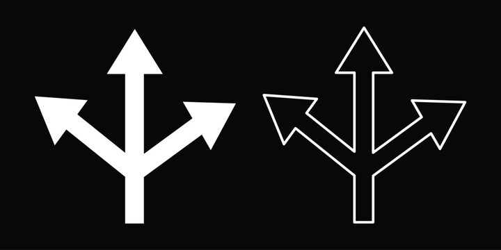 Directional arrows diverging into three paths a white silhouette against a black background divergence direction choices options guidance navigation movement vector graphic
