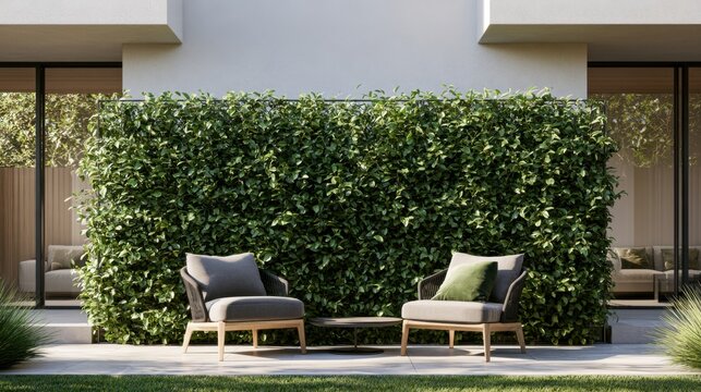 Modern outdoor patio with green living wall vertical garden and lounge chairs for design card poster background