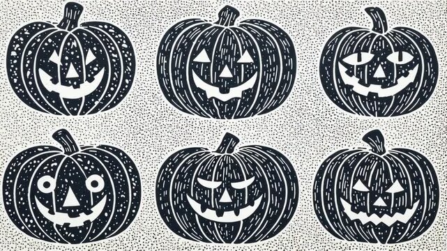 A set of Halloween pumpkins with carved faces. Retro aesthetic, illustration engraving style. Black and white, vintage style