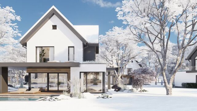 4K orbit shot of a modern suburban house in winter. The contemporary white home features a dark pitched roof, wooden deck, swimming pool, and snowy landscape under a sunny blue sky.