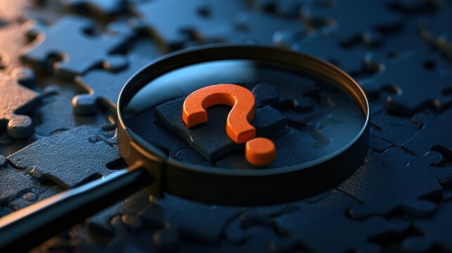 Magnifying glass focusing on orange question mark missing piece on dark puzzle symbolizing inquiry problem and solution concept
