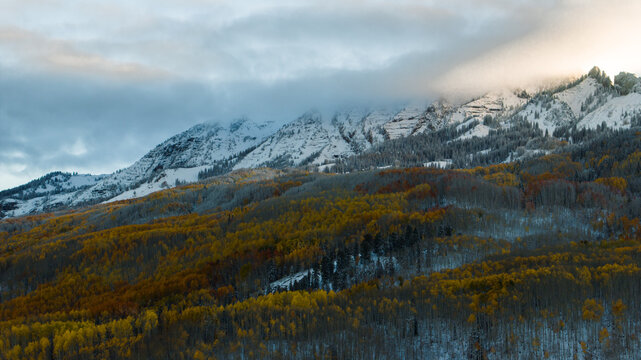 Aerial view of Kebler Pass in Gunnison National Forest featuring golden aspen trees with early autumn snow against the Rocky Mountains near Crested Butte, Colorado, United States.