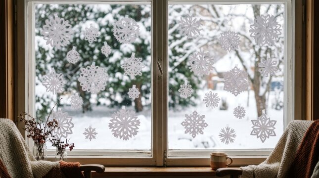 White paper snowflakes decorate a cozy window with a snowy view outside the house.