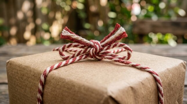 A small brown paper gift box sits tied with a red and white string.